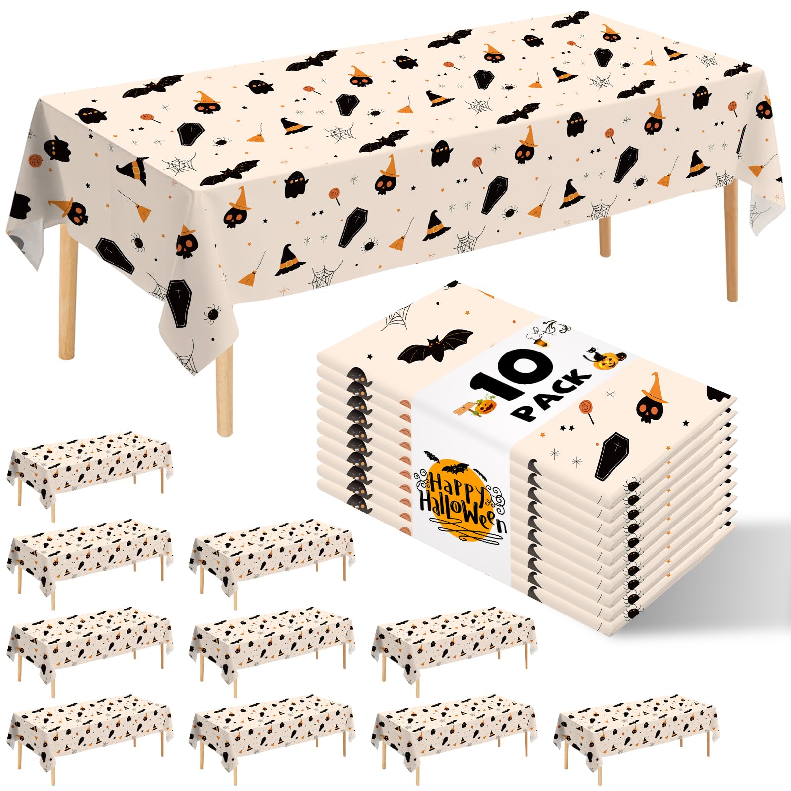 JHDZDHY 10 Pack Halloween Tablecloth, 54" x 108"Premium Disposable Plastic Table