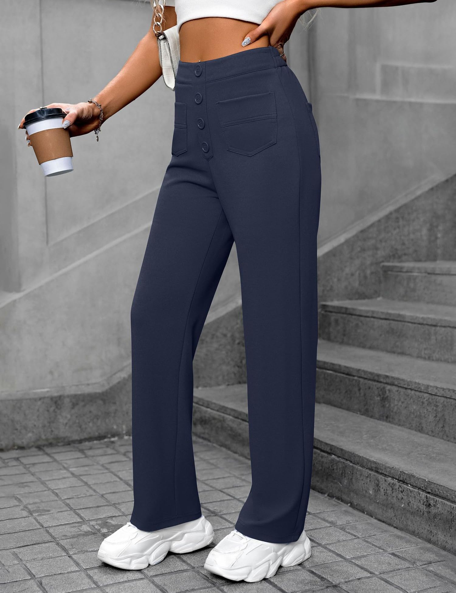 Womens High Waist Straight Leg Button Up Stretch Work Casual Multi Pocket Spring