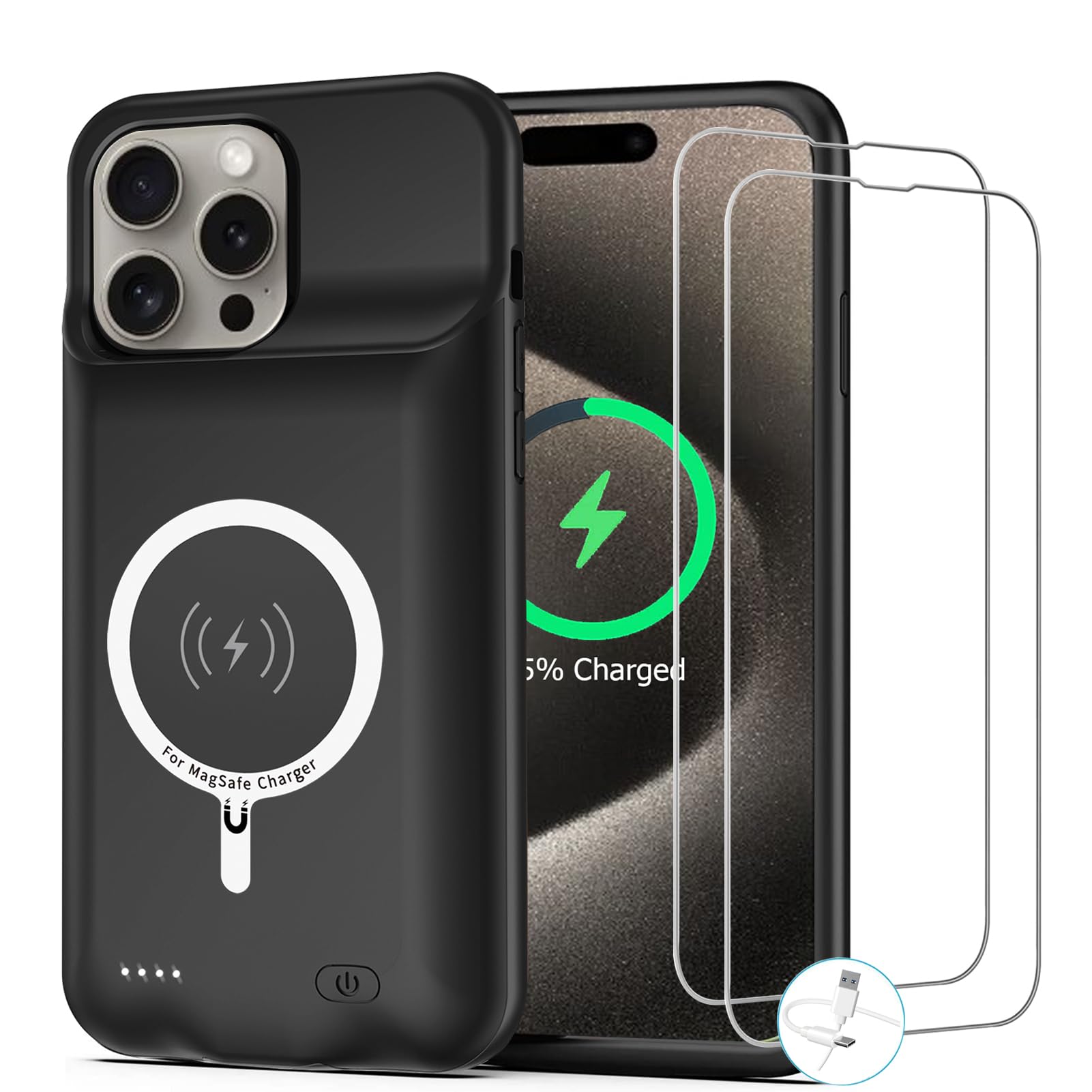 Battery Case for iPhone 15 Pro Max, [12000mAh] Enhanced Portable Protective Qi W