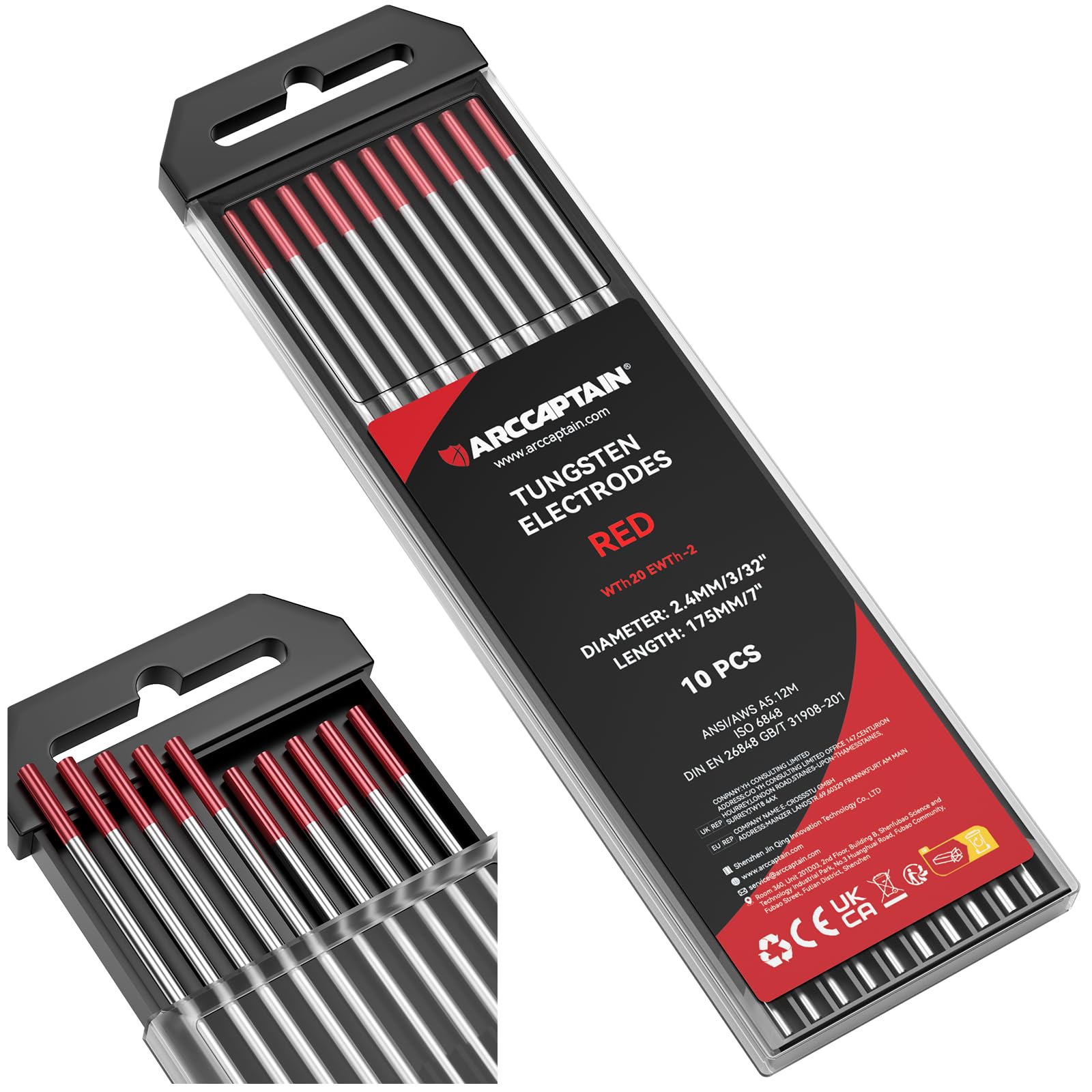 ARCCAPTAIN TIG Welding Tungsten Electrode 10-Pack 3/32"x 7"(Red, WT20/