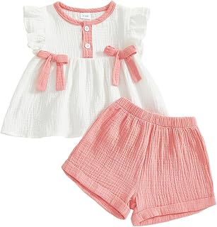 Amnnchya Toddler Girl Clothes Baby Summer Spring Outfits Cute Bow Button Smocked Ruffle Sleeve Tops ＋ Girls Shorts Set