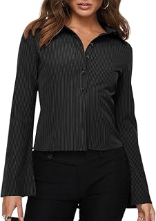 VNIRA Women’s Button Down Shirts Striped Long Sleeve Collared Casual Work Blouses Tops 2025 Trendy Outfits