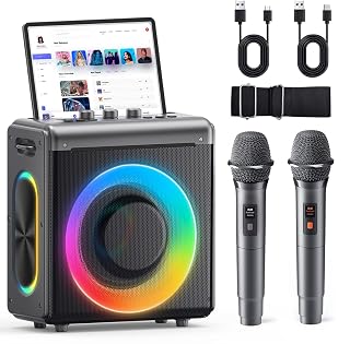 Karaoke Machine for Adults & Kids: Portable Bluetooth Speaker with 2 Wireless Rechargeable Microphones Supports TWS/TF Card/USB/AUX - PA System with Lights for Home Party, No Screen Included