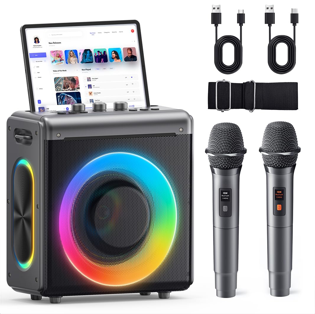 Karaoke Machine for Adults & Kids: Portable Bluetooth Speaker with 2 Wireless Re