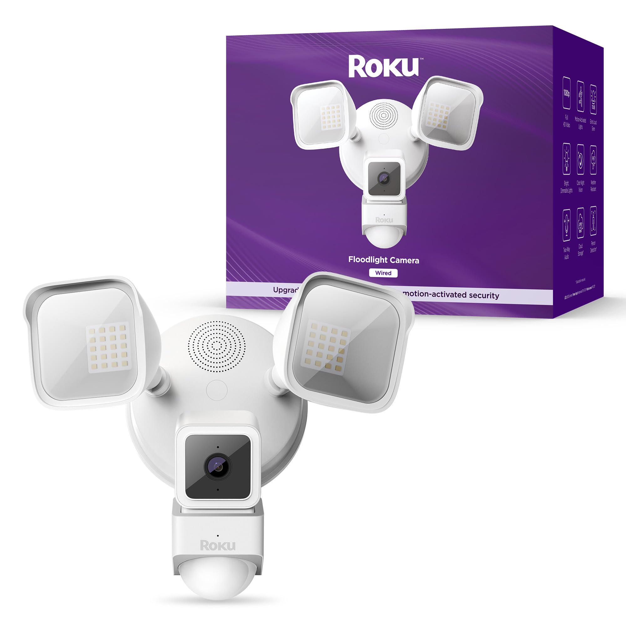 Roku Floodlight Camera for Home Security, Wired Outdoor 1080p HD Security Cam wi