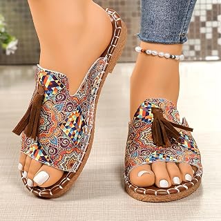 Women’s Bohemian Flat Slide Sandals Colorful Ethnic Print Tassel Decor Open Toe Slip-On Design Lightweight Flexible Sole