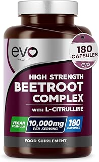 EVO Nutrition Beetroot & L-Citrulline 10,000mg, 180 Vegan Capsules | High strength nitric oxide booster to support circulation, energy & wellness, non-GMO, 3 months, UK made.