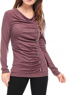 Allegra K Women's Cowl Neck Top Long Sleeve Button Decor Tuinc Ruched Top
