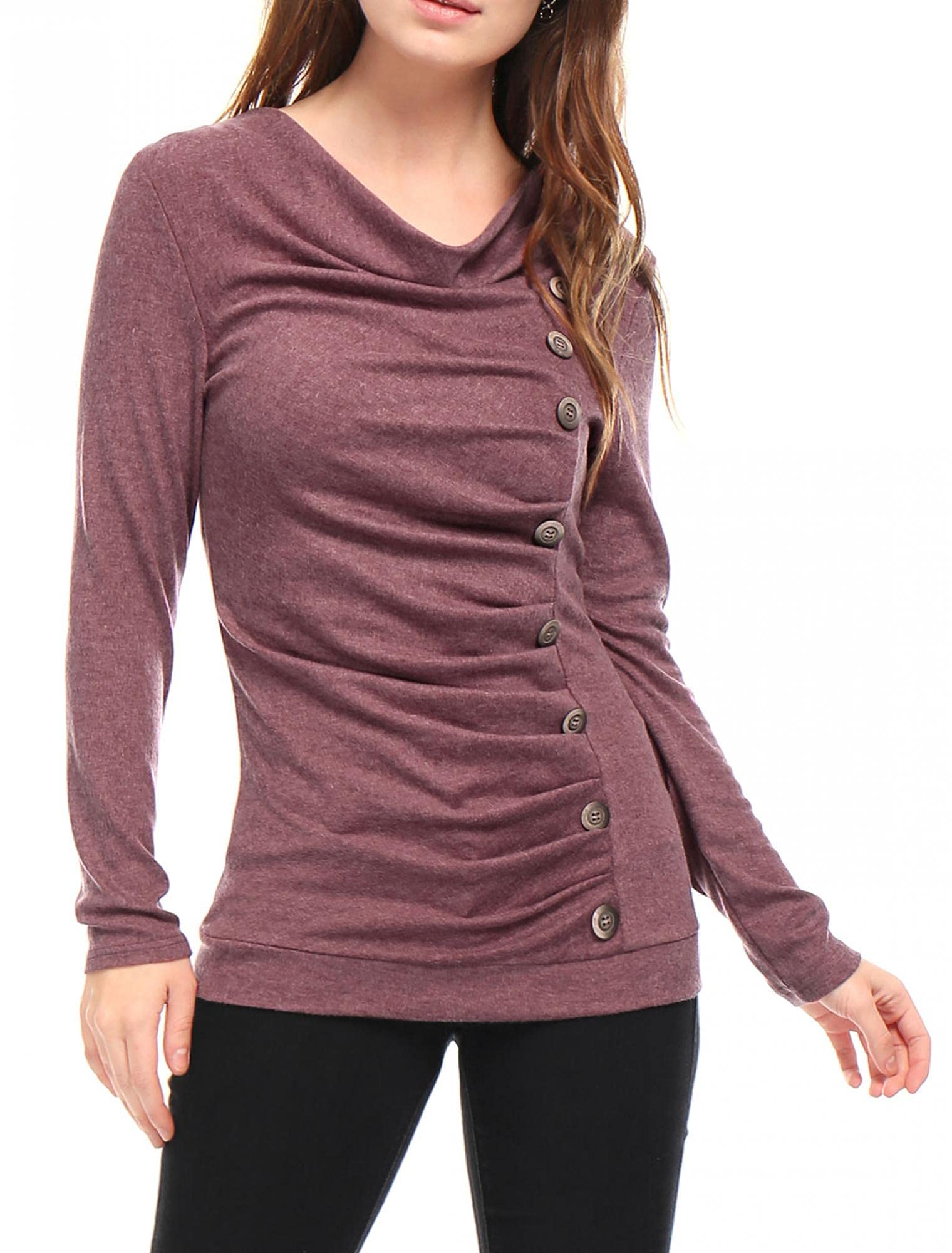 Allegra K Women's Cowl Neck Top Long Sleeve Button Decor Tuinc Ruched Top