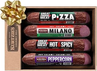 Tasty Flavour Gourmet Salami Gift Box - PIZZA, Hot & Spicy, Milano, Peppercorn, Salami Sticks For Charcuterie Boards, Gift Baskets, Premium Variety Sampler Salami Meat Snacks Box For Carnivores & Meat Lovers - Great Canadian Meat - Gluten Free
