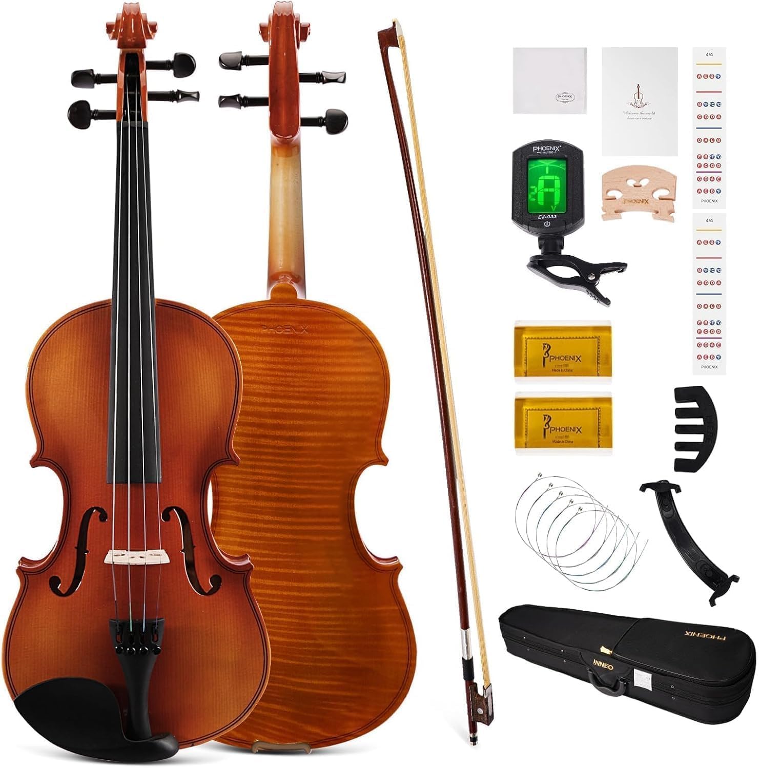 PHOENIX Violin 4/4 Full Size Kit, Violin Fiddle Set for Beginner Adults Student 