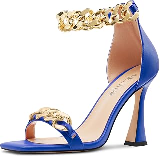 HEUIVZAR Women's High High Kitten Heel Square Toe Sandals Ankle Strap Zipper Metal Chain Wedding Dress 10 CM Heels