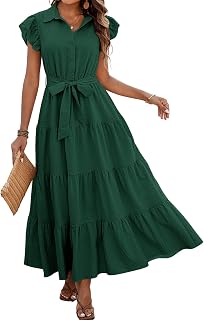 dowerme Women Ruffle Sleeve Button Belted Boho Maxi Dress