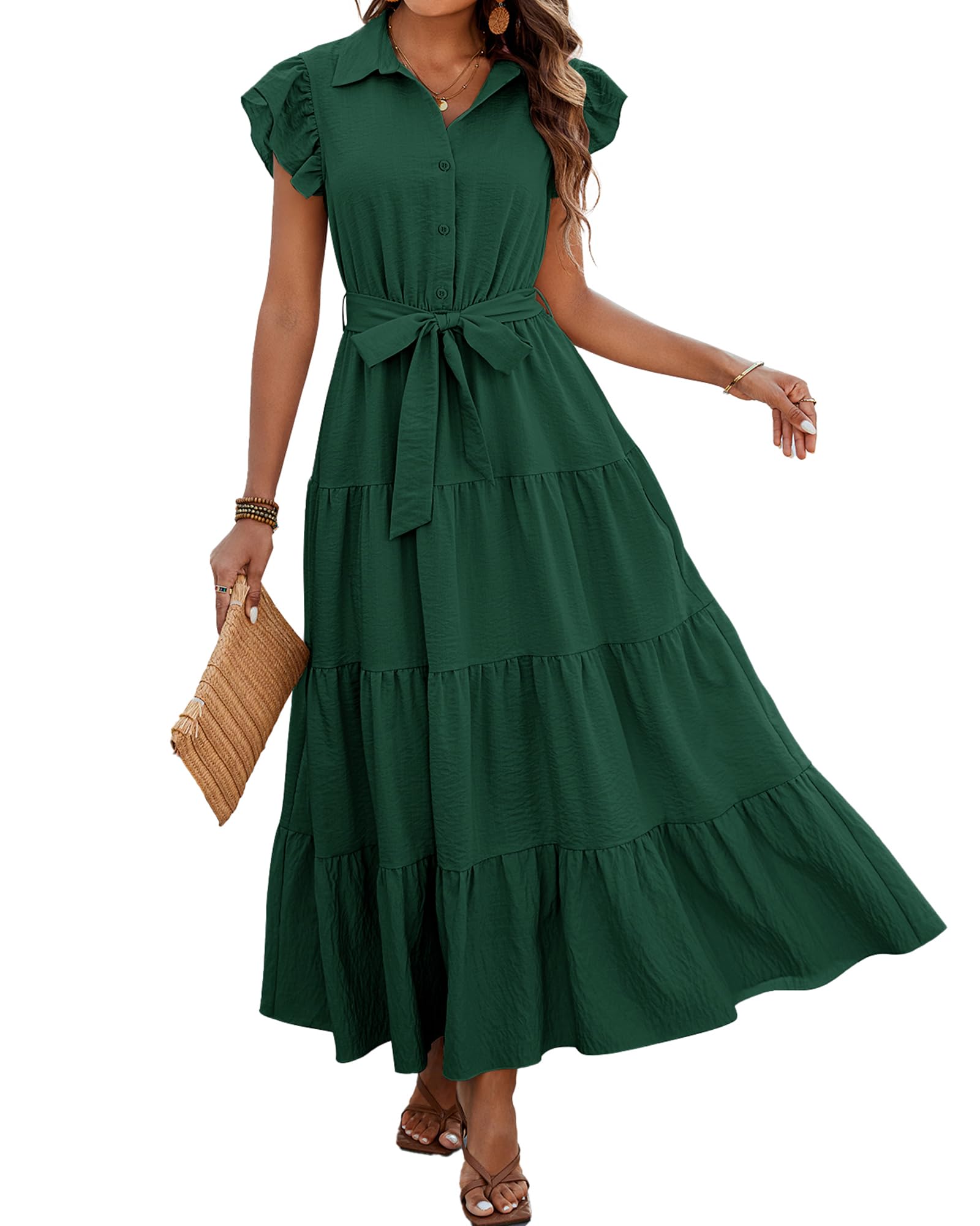 dowerme Women Ruffle Sleeve Button Belted Boho Maxi Dress