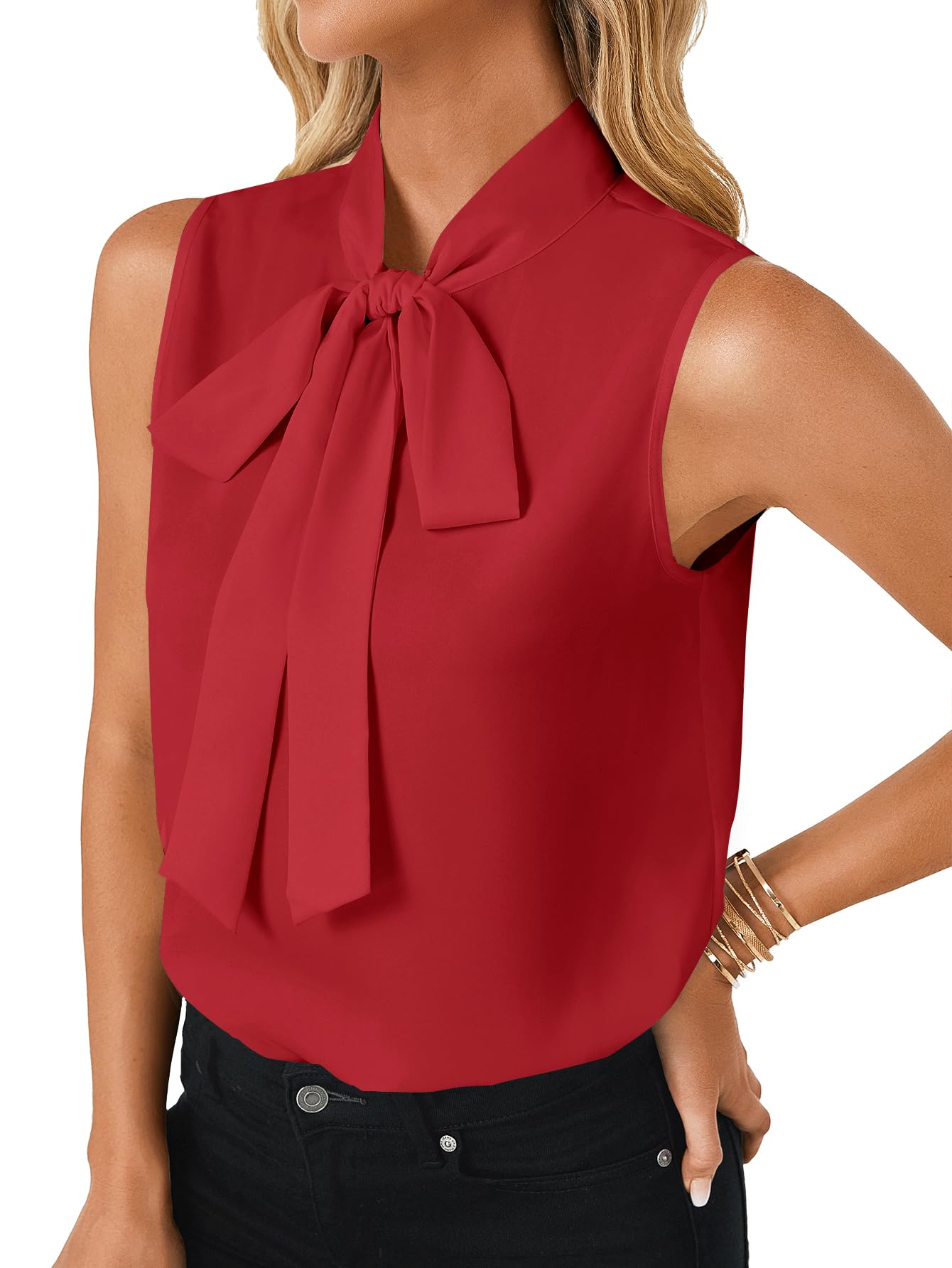 LYANER Women's Elegant Bow Tie Mock Neck Sleeveless Blouse Office Workwear Shirt