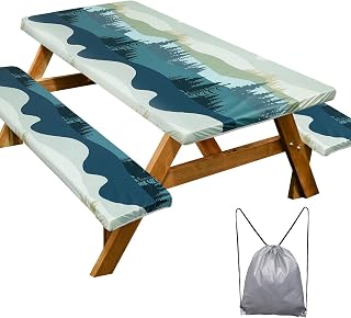 Play Tailor Picnic Table Cover Bench Covers Camping Essentials Tablecloth | Waterproof Vinyl for Outdoor, Windproof Elastic Fitted Edges, RV BBQ Accessories Must Haves, Storage Bag Included