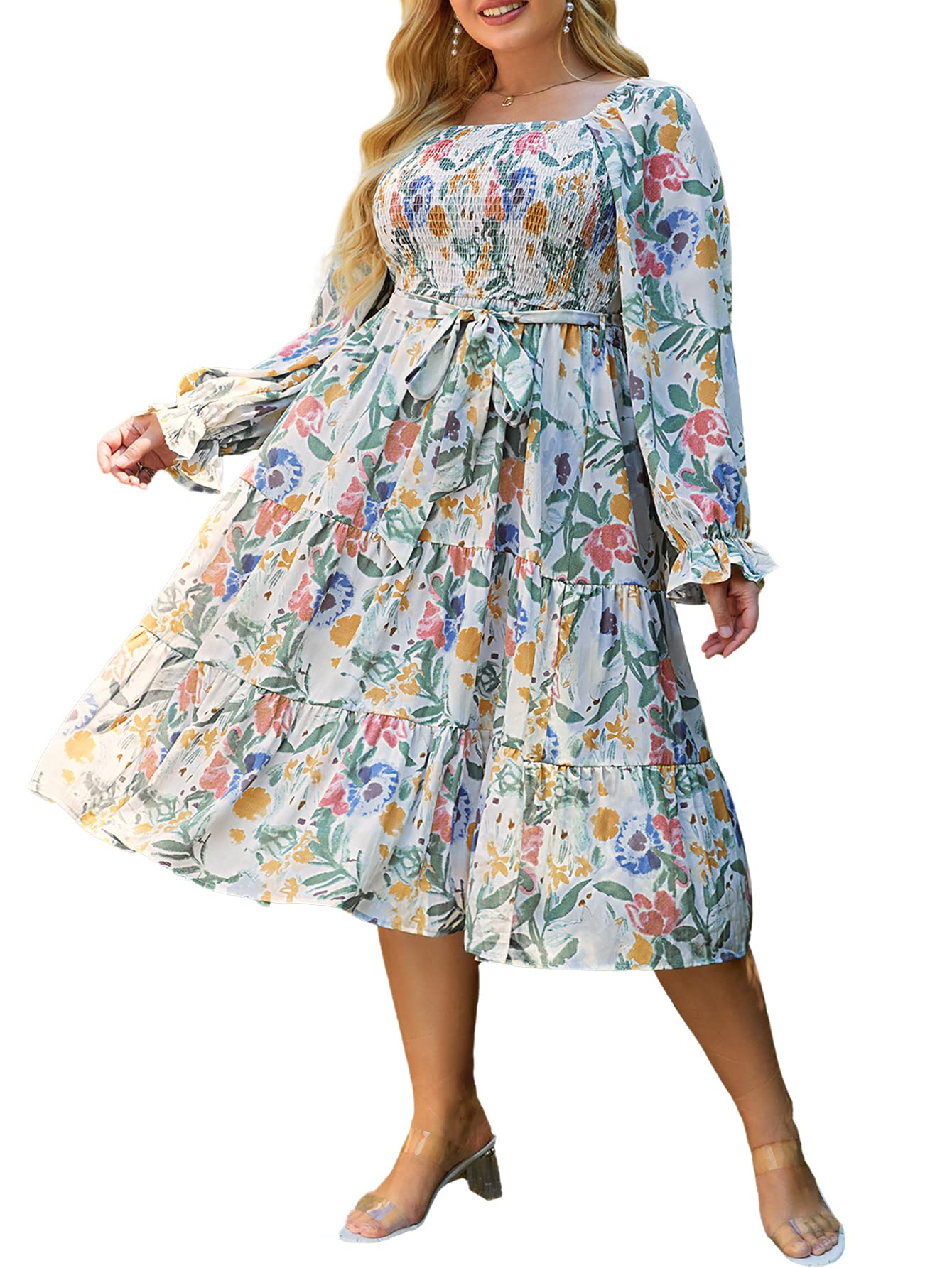 Amegoya Women's Boho Flowy Long Sleeve Square Neck Floral Midi Dress Smocked Spr