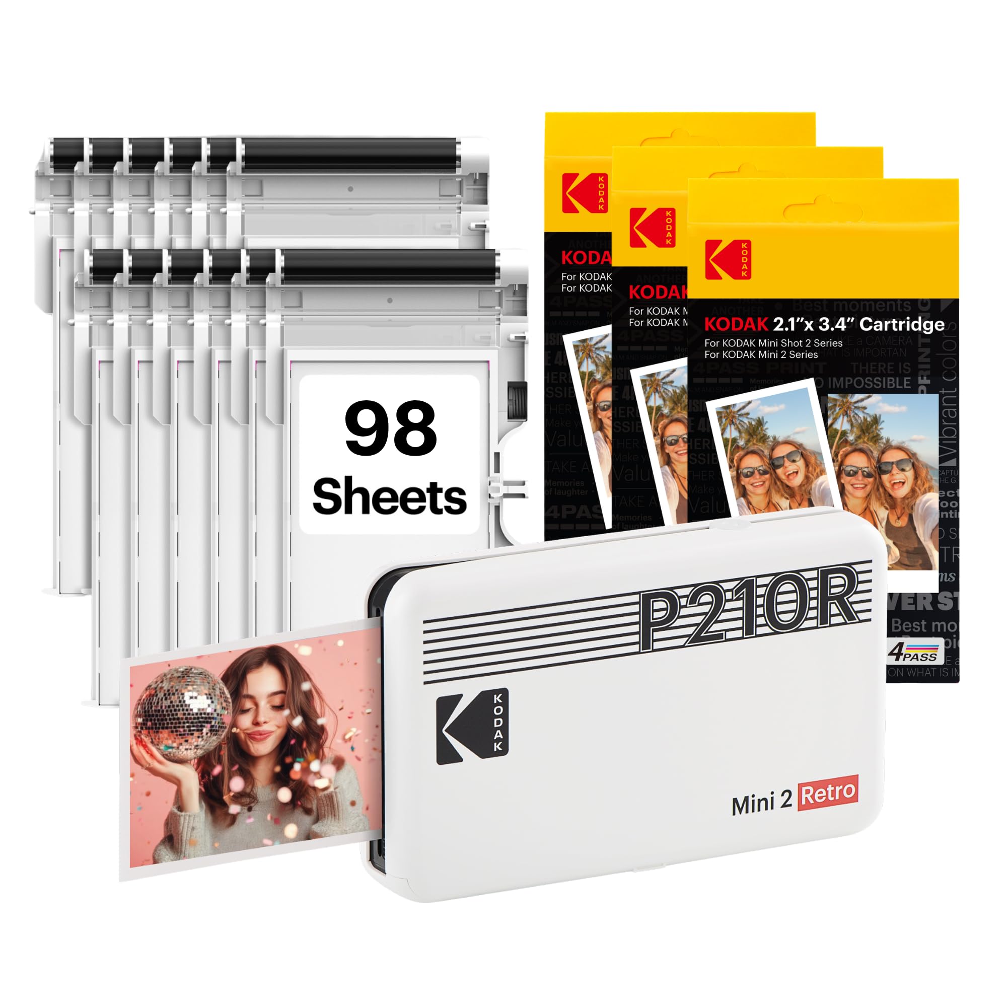 KODAK Mini 2 Retro 2x3 Portable Photo Printer, 4PASS, 98 Sheets, White | Bluetoo