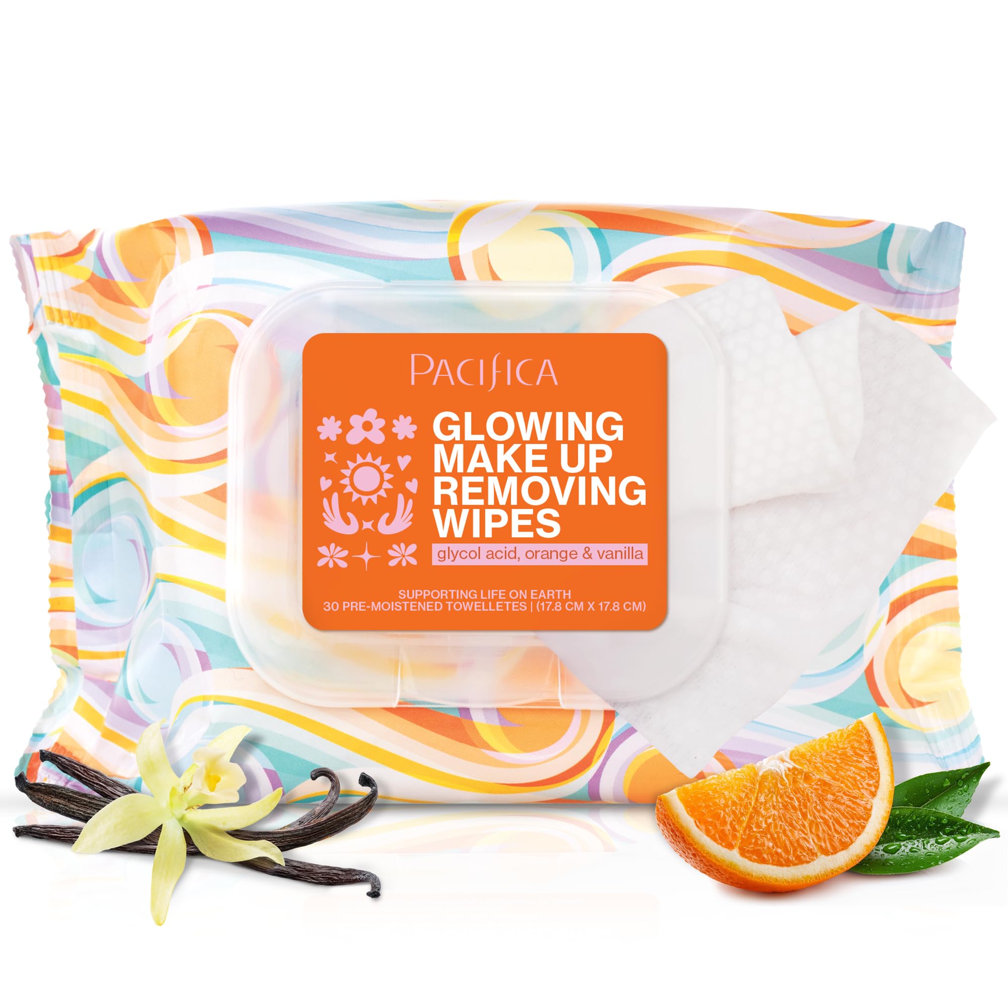 Pacifica, Glowing Makeup Remover Wipes - with Glycolic Acid for AHA Exfoliating 