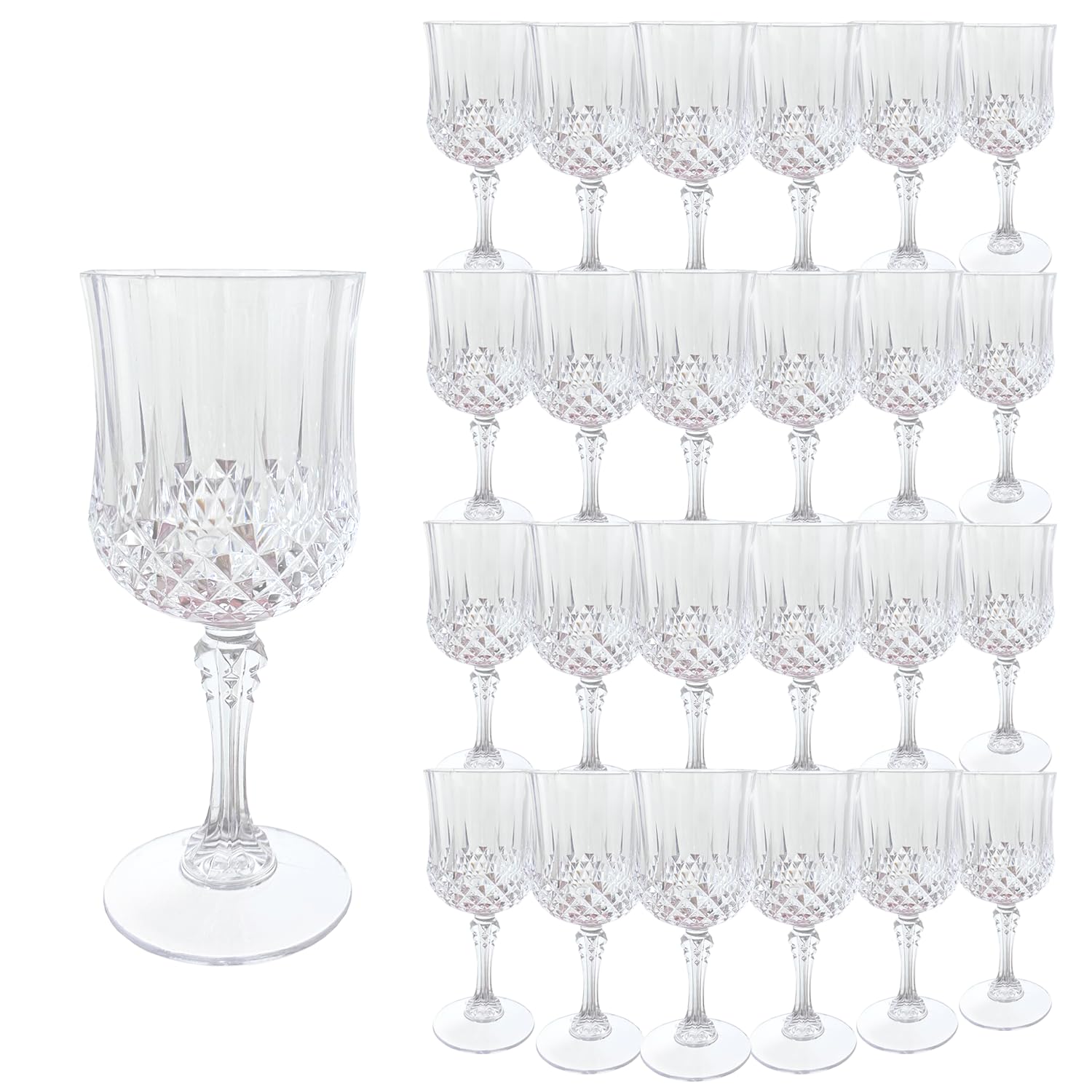 LEYIQU 24Pack Plastic Wine Glasses, 7oz Vintage Goblets for Wedding | Unbreakabl