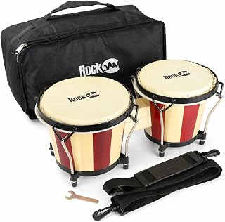 RockJam 7 & 8 Inch Bongo Drum Set, Red/Natural | Wooden bongo drum set with padded carry bag & tuning key for percussion practice & lessons