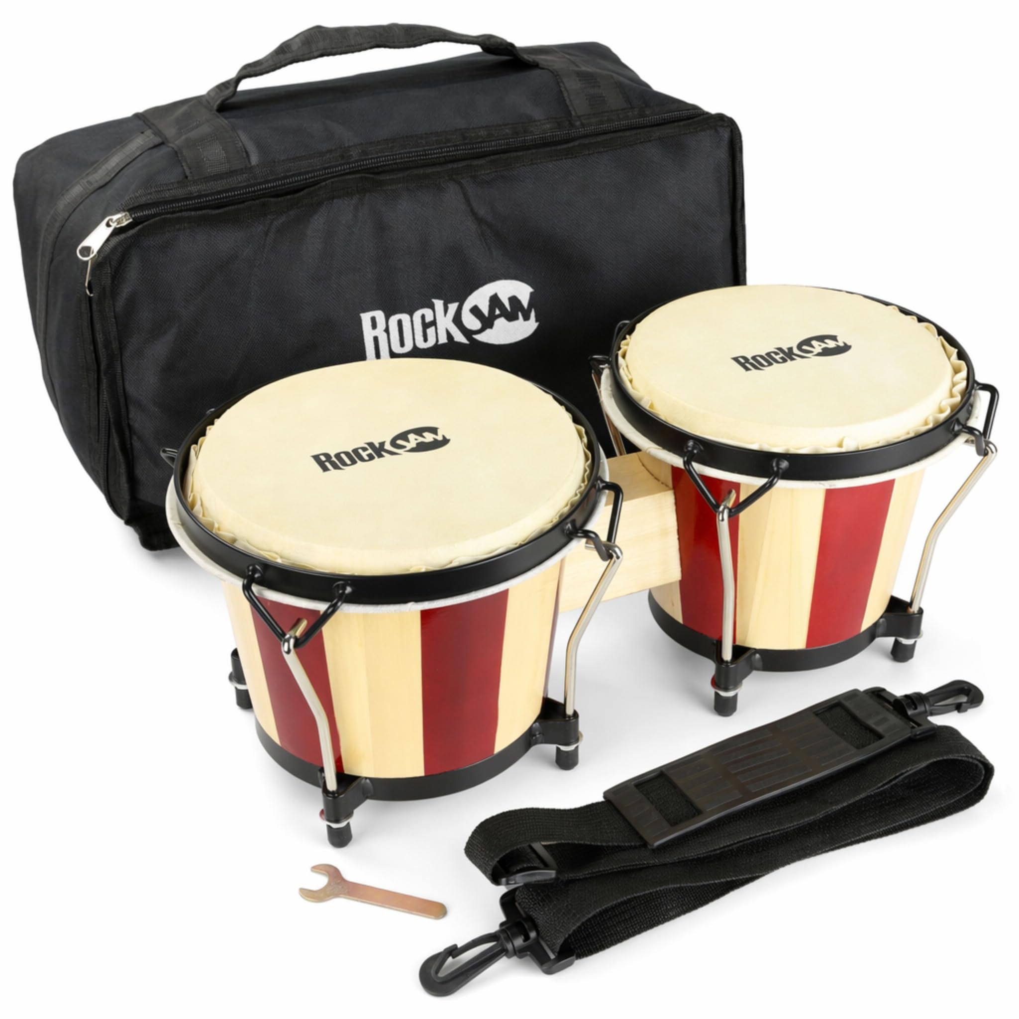 RockJam 7 & 8 Inch Bongo Drum Set, Red/Natural | Wooden bongo drum set with padd