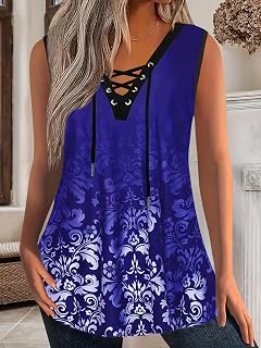 Plus Size Tie Dye Lace Up V Neck Sleeveless Tunic Tank Top 2026 Fashion