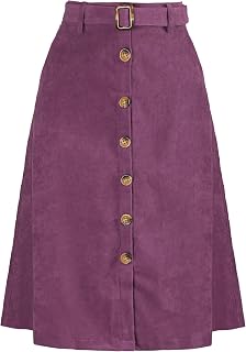 Allegra K Women's Button Front High Waist A-Line Belted Corduroy Midi Skirt