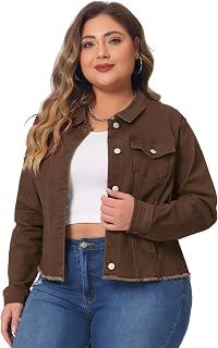 Agnes Orinda レディース プラスサイズ クラシック ウォッシュド フロント フレイド デニムジャケット