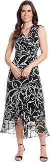 London Times Women's Sleeveless Ruffle Detail Faux Wrap Tie Midi Dress