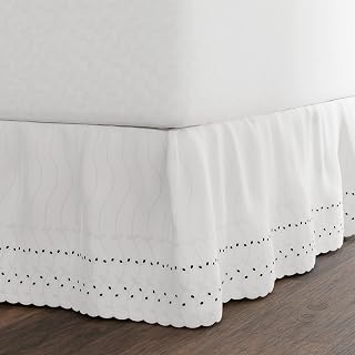 Fresh Ideas Eyelet Bed Skirt, Ruffled Design, 14 Inch Drop, Embroidered Scalloped Edge, Queen, White