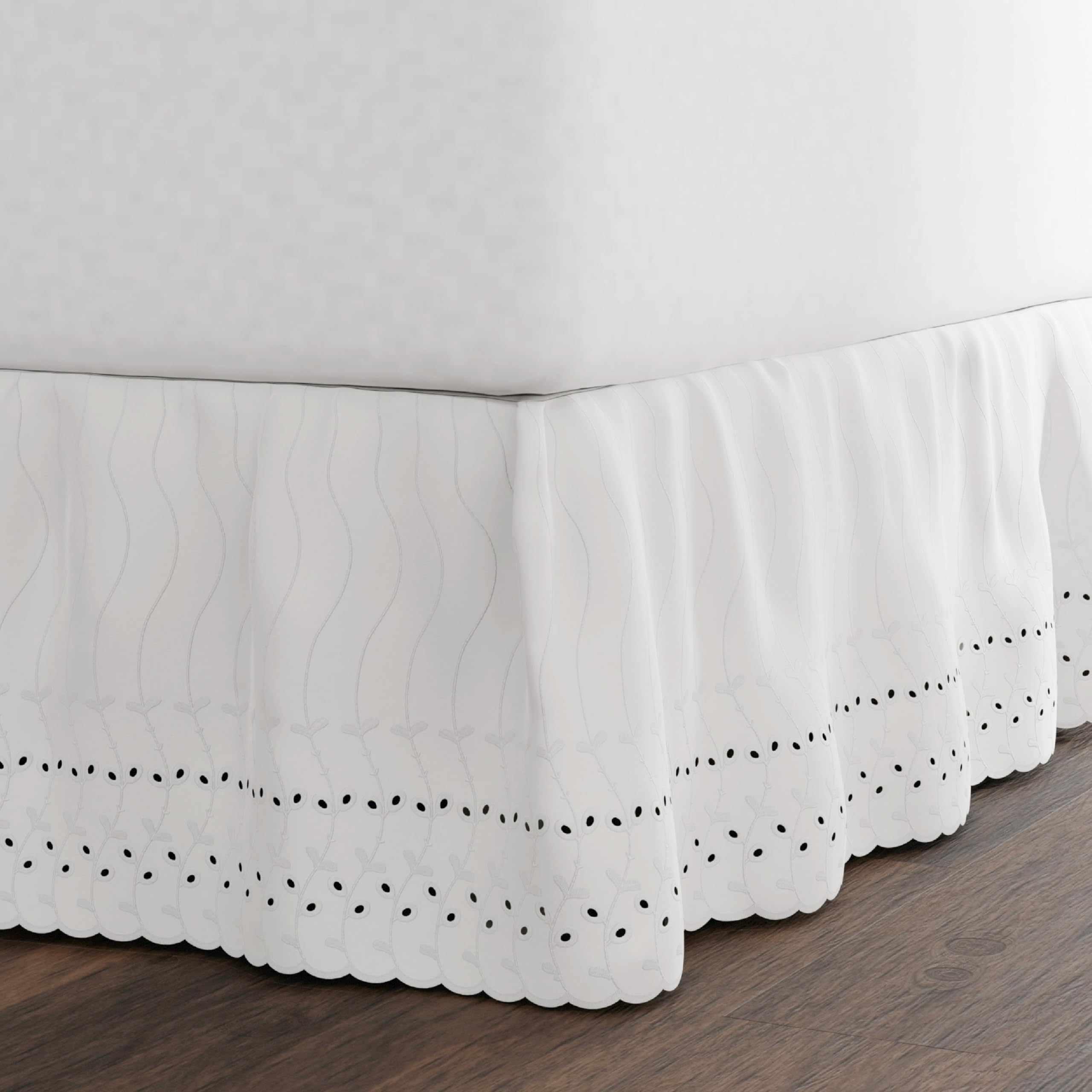 Fresh Ideas Eyelet Bed Skirt, Ruffled Design, 14 Inch Drop, Embroidered Scallope