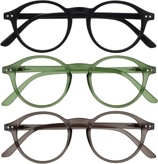 OPULIZE REY Reading Glasses - Pack of 3 - Retro Round Frame - Matt Black, Green, Grey - Men and Women - Spring Hinges - RRR56-167 - +1.00