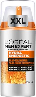 L'Oréal Men Expert Hydra Energetic XXL Moisturiser, 24Hour Hydration 100ml | Energises Men's Skin, Fighting Signs of Fatigue with Vitamin C & Protein, Fast-absorbing Even on Beards