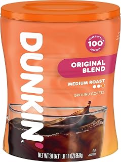 Dunkin’ Original Blend Medium Roast Ground Coffee, 30 Oz. Canister | Made with Arabica beans, rich & smooth flavor, stay-fresh coffee canister, easy-drinking medium roast, great hot or iced