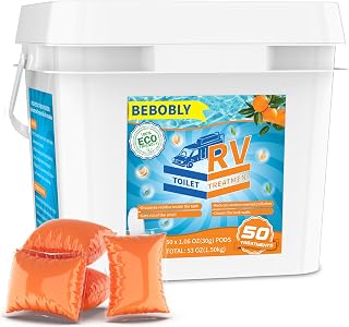 BEBOBLY RV Toilet Treatment Drop Ins, Extra Strength Septic Tank Treatment & Cleaner, Waste Breakdown/Odor Control, RV Black Tank Treatment for RVs, Boats & Portable Toilets, Orange Flavor, 50 Pack