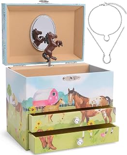 Jewelkeeper® Musical Horse Jewelry Box Gift Set for Girls | Kids Music Box with 2 Drawers, Horse Necklace and Bracelet, Little Girls Jewelry Set, Christmas Gift for 7 Year Old Girl