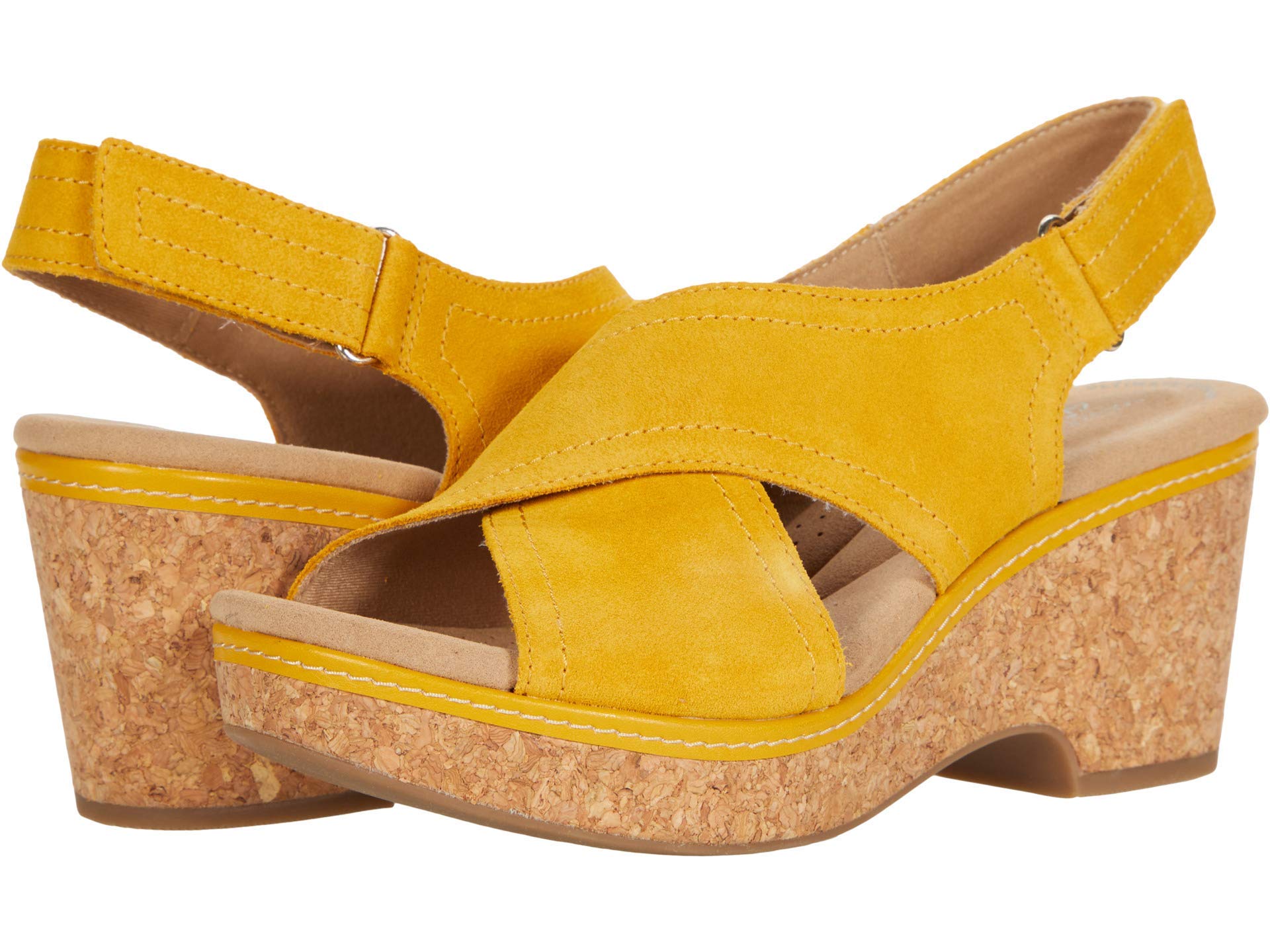 Clarks Women's Giselle Cove Wedge Sandal, Golden Yellow Leather, 9.5