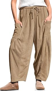 TARSE レディース コーデュロイ バレルパンツ ドローストリング ワイドレッグパンツ ポケット付き
