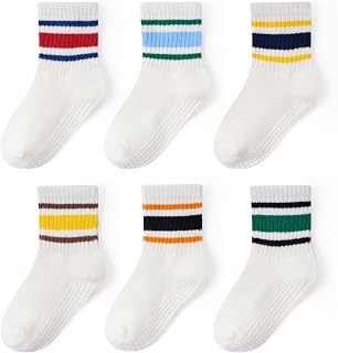 Bearbay Non-slip Toddler Cotton Crew Ankle Grip Socks for Baby Walking | 0 Months-7 Years, Anti Skid Soles, Unisex for Baby Boys Girls Kids, Stripe Heart Solid