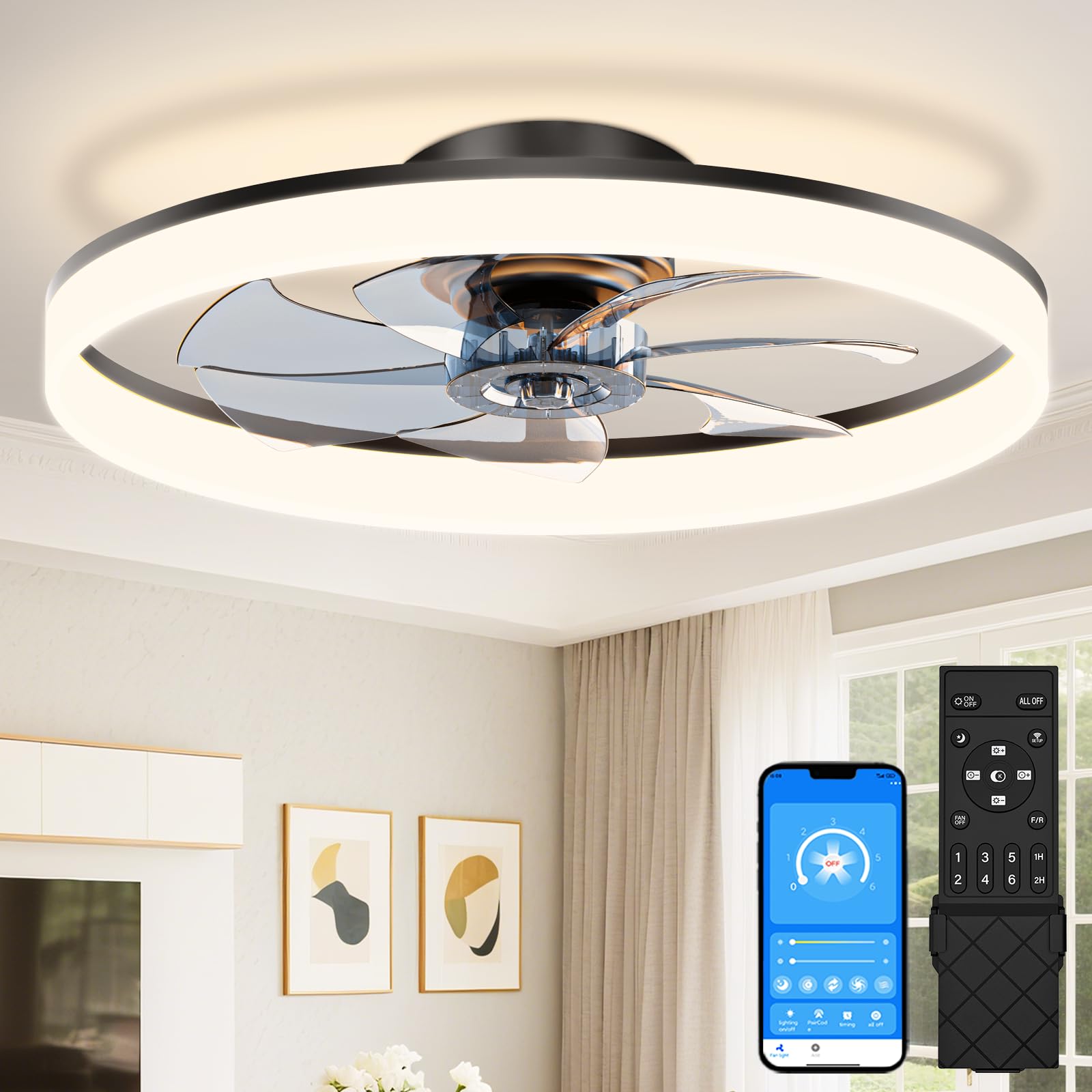 VOLISUN Low Profile Ceiling Fans with Lights and Remote, 24in Fandelier Ceiling 