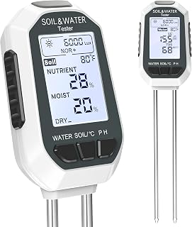 7-in-1 Soil＆Water Meter Digital Plant Temperature/Soil Moisture/PH Meter/Sunlight Intensity/Fertility/EC/TDS Backlight LCD Display Soil Test Meter TDS EC Meter for Garden Indoor Outdoor
