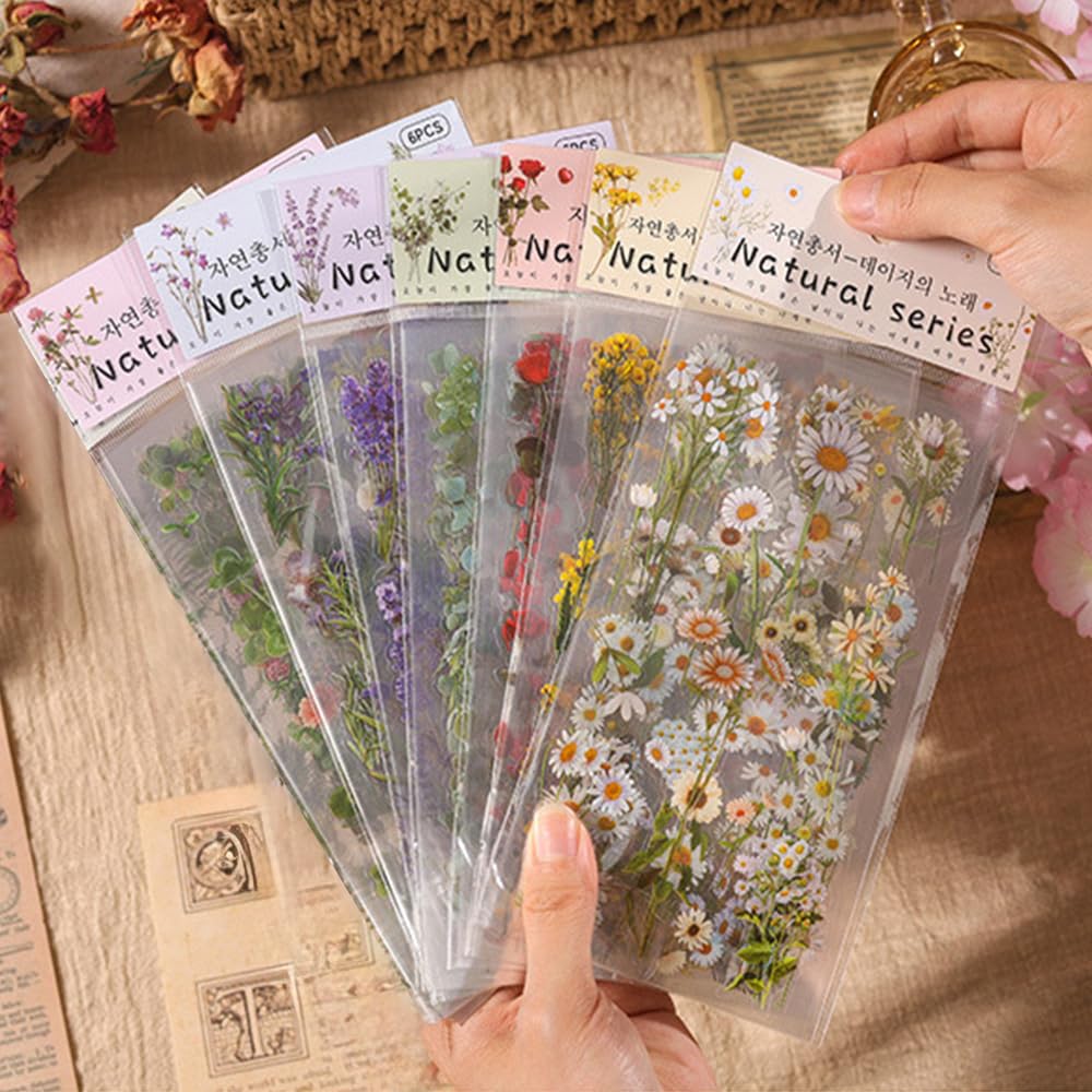42 Pcs Natural Flower Stickers with Plants for Scrapbooking, Self-Adhesive Scrap