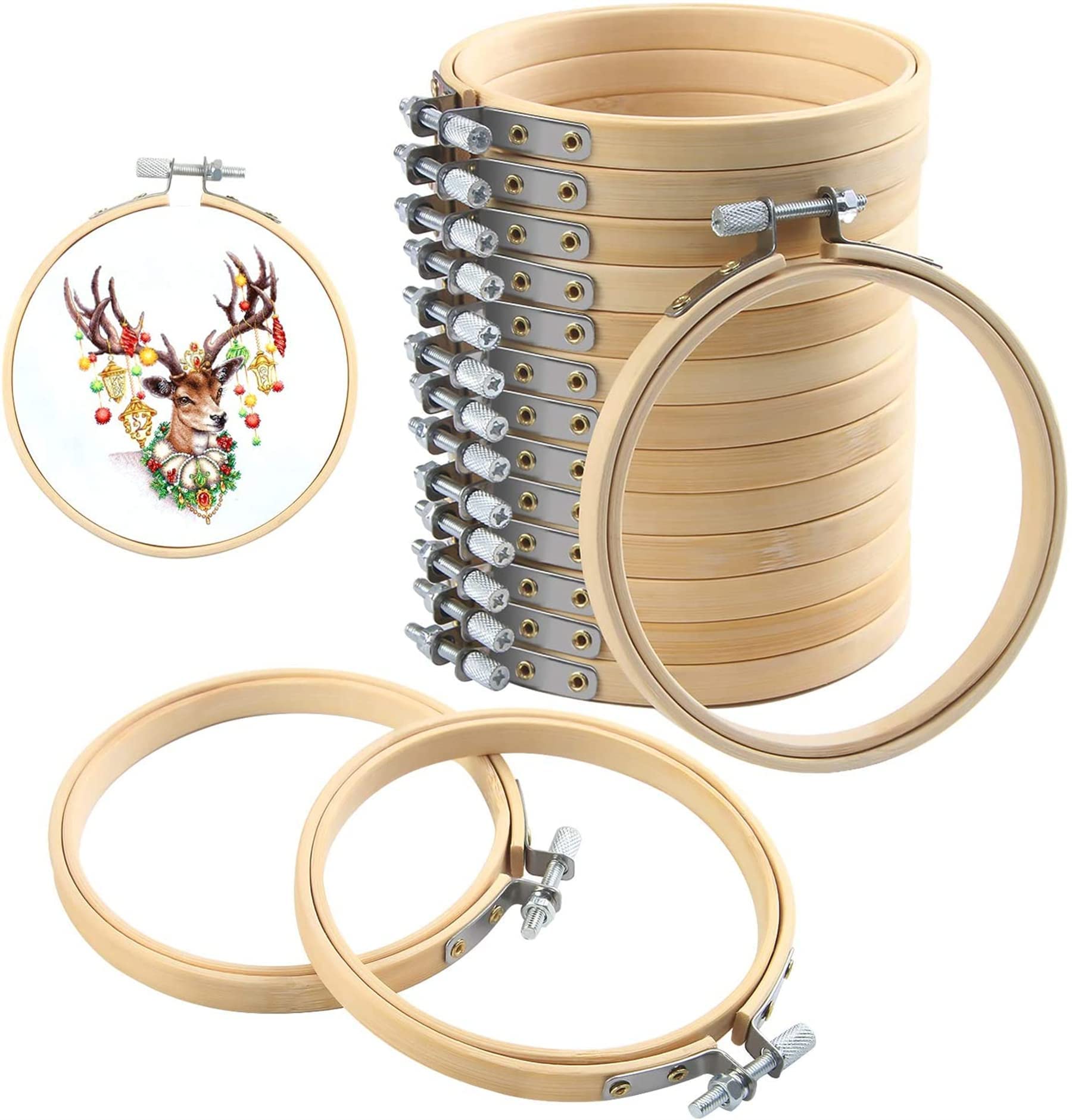 FEBSNOW 12 Pieces 4 Inch Embroidery Hoops Adjustable Bamboo Circle Cross Stitch 