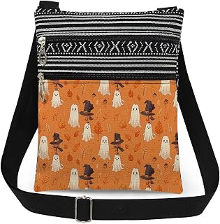 XiaoGalaee Halloween Crossbody Bag Halloween Themed Gift Purse for Adults | Halloween Theme Feature Witch Ghost Pumpkin Witch Hat Bats Black Cat Jack O Lantern Candy Skull Patterns for Festive Handbag