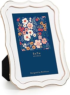 5x7 Enamel Picture Frame with HD-Tempered Glass, Display 4x6 Photo with Mat, Ornate Photo Frame with Gold Metal Edge & Velvet Back for Tabletop & Wall Mount Vertically or Horizontally Display, White