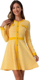 Allegra K Women's Houndstooth Plaid A-Line Elegant Business Work Dress