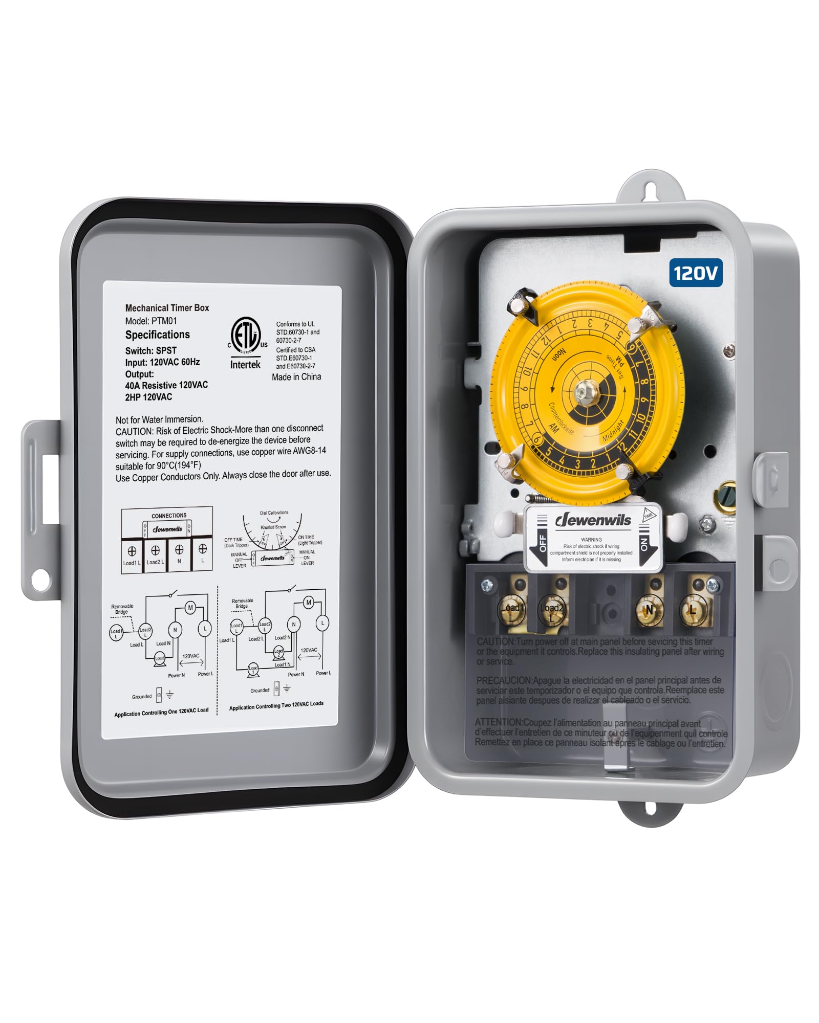 DEWENWILS 24-Hour Mechanical Timer Switch - 120VAC SPST, 2HP 40A | Metal Enclosu