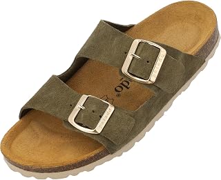 Palado Women's Corfu Suede Premium Leather Mules - Comfortable Sandals Made in Spain - Slippers with Cork Footbed - Fashionable Summer Shoes