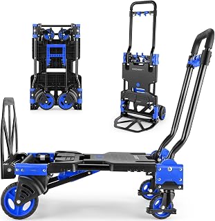 Folding Hand Truck Dolly, 330lb Convertible 4 to 2 Wheel Moving Cart, Blue | Dolly Cart with Retractable, Aluminum Alloy & Cast Iron Build, Nylon Wheels,Compact Fold,for Moving,Office,Delivery,Outdoor